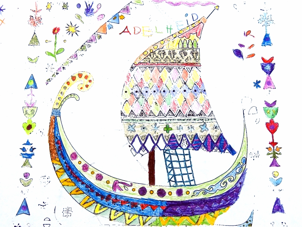 Kinder malen ein Wikingerschiff an