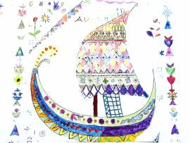 Kinder malen ein Wikingerschiff an