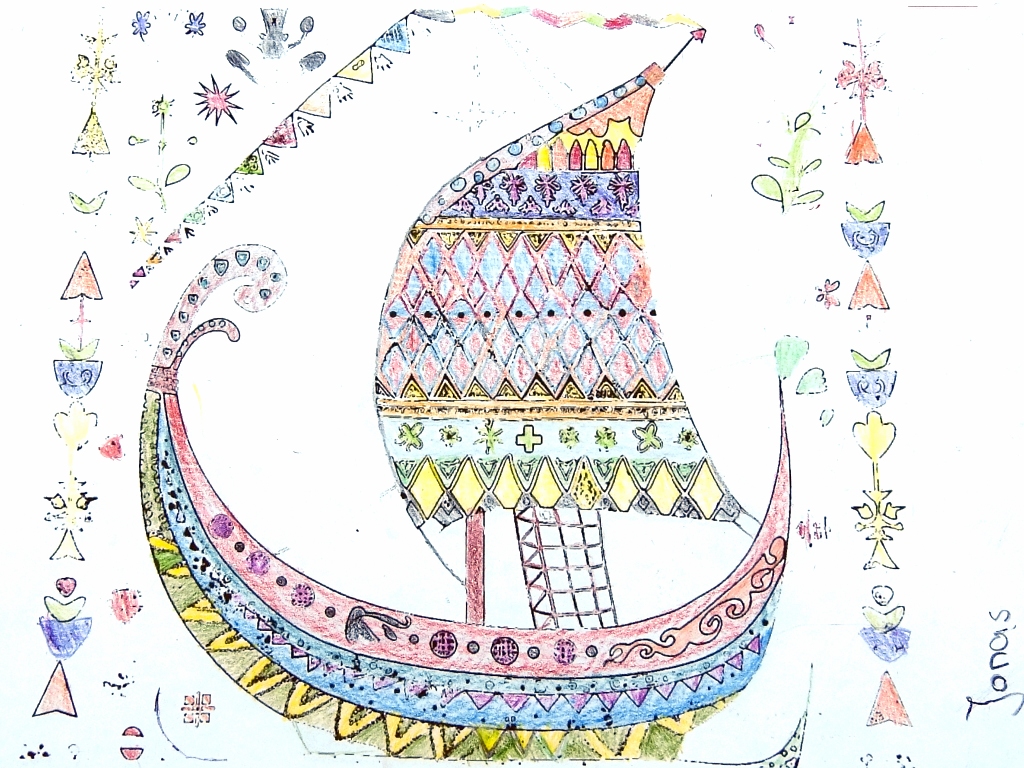 Kinder malen ein Wikingerschiff an