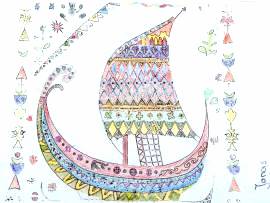 Kinder malen ein Wikingerschiff an