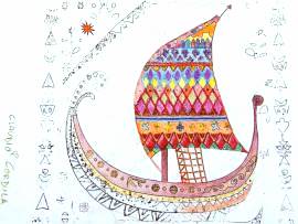 Kinder malen ein Wikingerschiff an