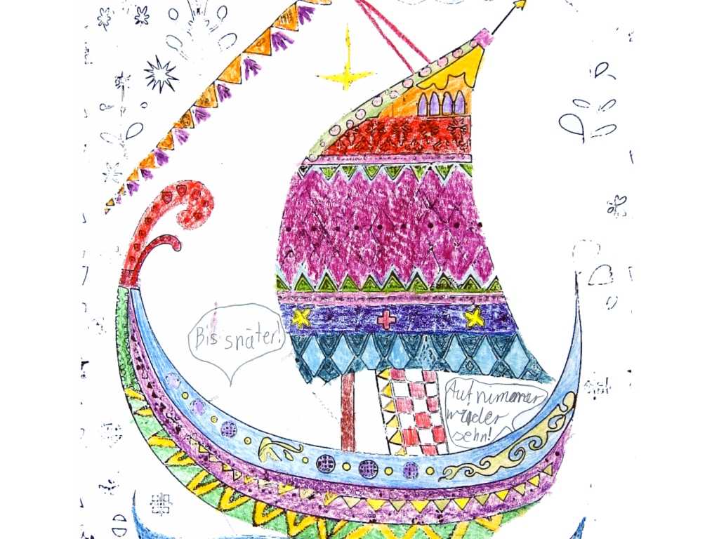 Kinder malen ein Wikingerschiff an