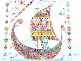 Kinder malen ein Wikingerschiff an