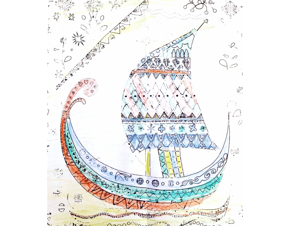 Kinder malen ein Wikingerschiff an